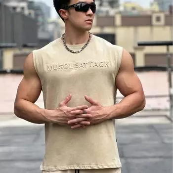 Men s Summer Cotton Top Wide-Shoulder Vest Casual Sports Running Sleeveless Shirt M