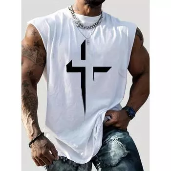Men s summer fashion casual sports loose faith cross pattern print comfortable and breathable round neck sleeveless vest S
