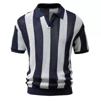 Men s Summer Lapel Net Shirt Hollow Short Sleeve Fishnet Shirt Trendy Men s Striped POLO Shirt S