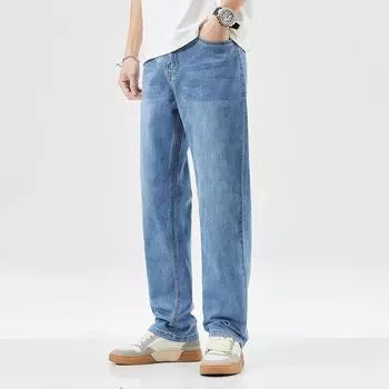 Men s Summer Light Blue Casual Thin Jeans Straight Loose Korean Versatile Trousers 29