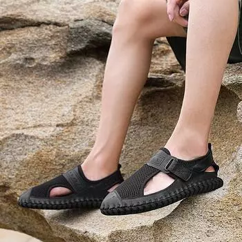 Men s summer mesh breathable sandals Quality Non-slip Men beach Breathable Fashionable and comfortable Male Footwear Mens 38 чёрный