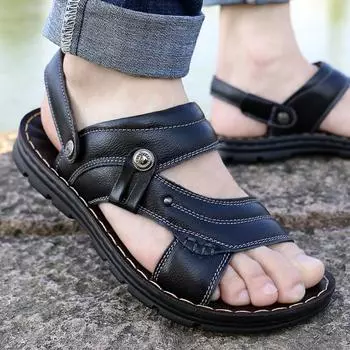 Men s Summer New Sandals Men s Leather Sandals Adult Thick-soled Beach Shoes Non-slip Open-toed Sandals Man Summer Slippers 38 чёрный
