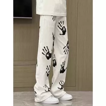 Men s Summer Palm Print Pants Handsome High Street Trousers S белый