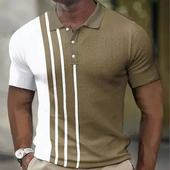 Men s Summer polo tee shirts Collar Short-Sleeved Pullover with Button Stripe - Trendy Casual Sports T-Shirt S коричневый