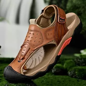 Men s Summer Sandals High Quality Genuine Leather Soft Bottom Sports Flip Flops Fashion Anti-collision Sandals Slippers 38 серый