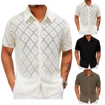 Men s Summer Sexy Solid Cool Hollow Breathable Shirt Summer Casual Knitted Short-sleeved Lapel Shirt M кофейный