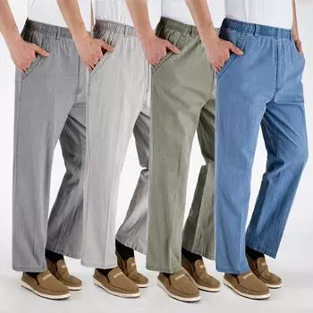 Men s Summer Thin Loose High Waisted Straight Leg Casual Pants Made of Cotton and Breathable Pants XL джинсовый синий