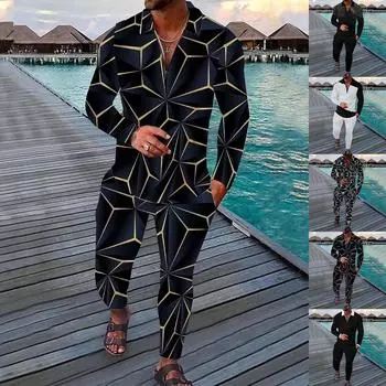 Мужской летний V-образный воротник на молнии с 3D-принтом, повседневная одежда, толстовка с длинными рукавами + спортивные штаны, повседневный костюм L