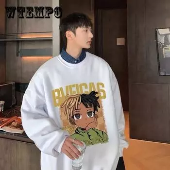 Men S Sweater Autumn Versatile Printed Long Sleeved Shirt Ins Trend Youth Loose Ruffian Handsome Coat M серый