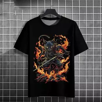 Men s T Shirt Japanese Samurai Cat Pattern Printed Tops Neck Loose Tops Breathable Comfortable Summer Casual Oversized Clothing S