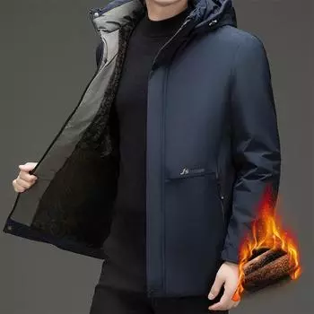 Men s Thermal Cotton Clothes Removable Hat Cotton-padded Clothes Medium and Long Black Gold Dad Clothes Middle-aged and Elderly Velvet Thickened L