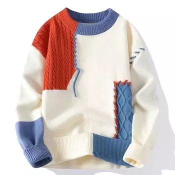 Men s Thermal Sweater Splicing Contrasting Color Teen Student Knitted Bottoming Shirt M