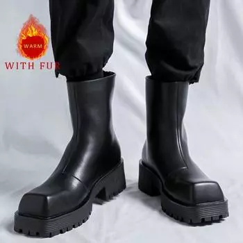 Men s thick soled high top leather shoes Fashionable minimalist design style Outdoor leisure business party Trendy Men s Boots 38 чёрный