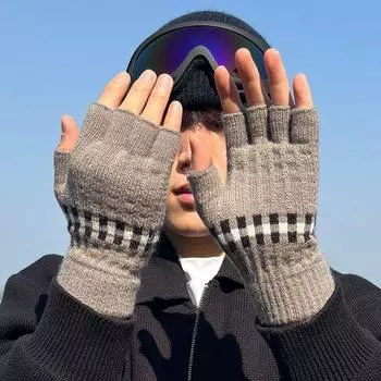 Men s Thickened Wool Student Writing Knitting Half Finger Gloves Khaki-three lines half finger One size