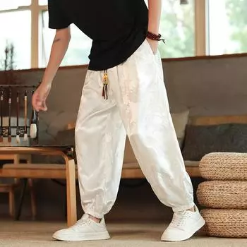 Men s Thin Casual Wide Leg Pants Plus Size Loose Drawstring Lantern Pants 5XL белый
