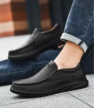 Men s Top Layer Cowhide Leather Shoes Spring Summer Casual Men s Shoes Soft Sole Comfortable Genuine Leather Men s Driving Shoes 37 чёрный