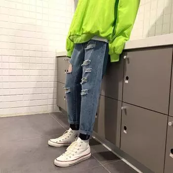 Men s Torn Jeans, Men s Japanese Retro Cat Must-have Vintage Casual Cropped Pants 28