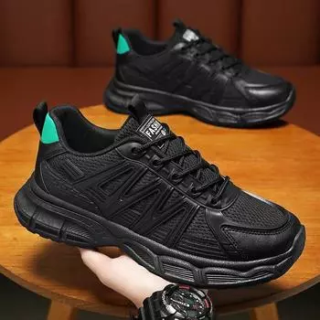 Men s Trendy Anti-Slip and Wear-Resistant Sports Shoes for Autumn Casual Breathable Mesh Lace-Up Fabric Upper 40 чёрный