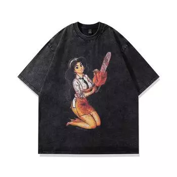 Мужская модная брендовая летняя футболка из чистого хлопка, новая американская ретро-футболка, мужская стираная футболка с короткими рукавами из мультфильмов для мужчин и женщин S