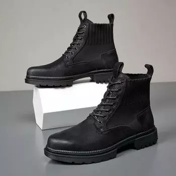 Men s Trendy British-Style Genuine Leather Lace-Up Martin Boots, Thick Sole, High Top, Elastic Design, Suitable for Outdoor Hiking. 42 серый