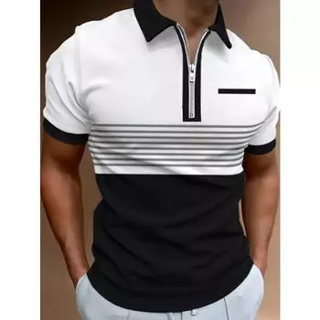 Мужская модная рубашка с коротким рукавом и застежкой-молнией на лацкане в полоску с цветными блоками для летних повседневных занятий, стильная футболка с воротником-молнией S белый