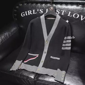 Men s Trendy European Cardigan: Slim-Fit Korean Style Knitted Sweater for Autumn and Winter L чёрный