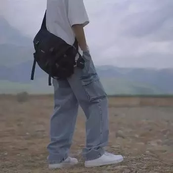 Men s Trendy Japanese-Style Blue Wide-Leg Straight Jeans with Built-In Belt 2XL черный серый