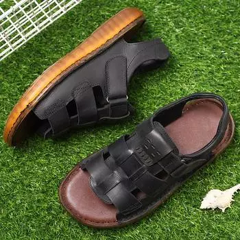 Men s trendy leather sandals empty hole hole leather bag head non-slip soft sole cowhide casual Shoes summer driving 38