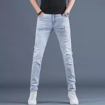 Men s Trendy Light-Wash Slim Fit Embroidered Jeans with Hot Diamonds 28 (Recommended 90-105 lbs)