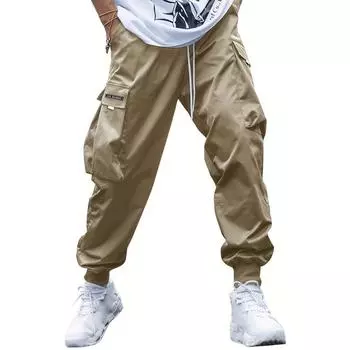 Men s Trousers Casual Flap Pockets Side Drawstring Waistband Trousers 3XL