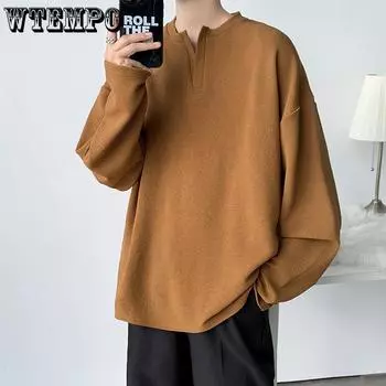 Мужская пуловер с длинным рукавом с v-образным вырезом, верхняя рубашка, модная однотонная повседневная футболка с длинным рукавом M коричневый