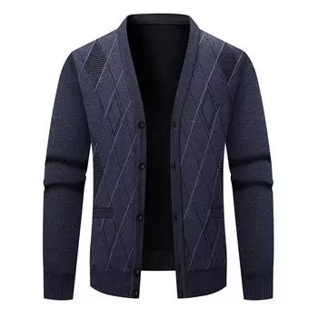 Men s V-neck Buttoned Fleece-lined Cardigan Sweater Long-sleeved Knitted Sweater Jacket L