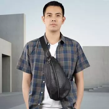 Men s Vertical Genuine Leather Chest Bag Men s Casual Sports Crossbody Bag Vintage Top Layer Cowhide Shoulder Bag Men s Bag чёрный