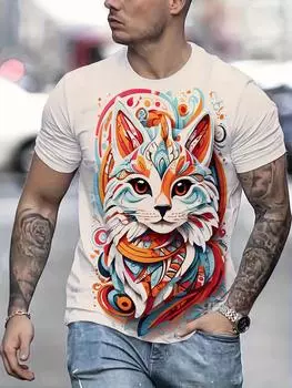 Men S Vibrant 3D Cat Print T-Shirt, Casual Crew Neck Short Sleeve Top, 100% Polyester Knit Fabric, Slight Stretch S