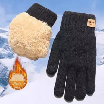 Men s Warm Full Finger Gloves Winter Gifts Touchscreen Plus Fleece Gloves Woman Thickening Wool Knitted Cycling Driving Gloves One Size чёрный