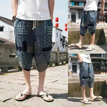 Мужские широкобортные хлопковые льняные пижамы с широкими штанинами, свободные укороченные брюки XXXXL синий