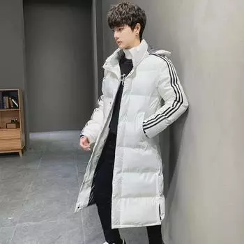 Men s Winter Cotton-Padded Jacket, Mid-Length, Korean Style, Trendy, Thickened with Down, Handsome Design, Three-Stripes. S