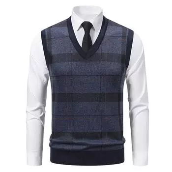 Men s Winter Fleece-Lined Plaid Vest, Pullover, Loose-Fitting Men s Sleeveless Sweater Vest XL
