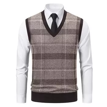 Men s Winter Fleece-Lined Plaid Vest, Pullover, Loose-Fitting Men s Sleeveless Sweater Vest L кофейный