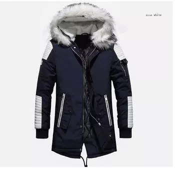 Мужская зимняя теплая толстая меховая тонкая повседневная модная верхняя одежда ветрозащитная длинная куртка на подкладке XXXXL чёрный/белый