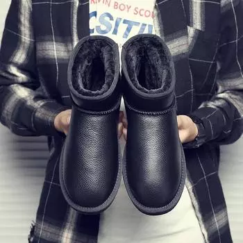 Men’s Winter Waterproof PU Leather Snow Boots with Velvet Lining, Non-Slip, Large Size 37 (Order One Size Up)