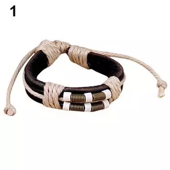 Men s Women s Punk Style Bangle Bronze Spring Wood Beads Weave Leather Bracelet ARI чёрный