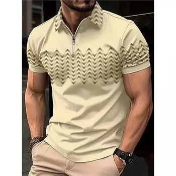 Men s Zipper Polo Shirt, Wave Triangle Shirt, 3D Printed, Retro, Short Sleeve, Loose, Comfortable, Street, Summer, New Style S