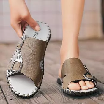 Men Sandals Genuine Split Leather Men Beach Sandals Brand Men Casual Shoes Flip Flops Men Hand-stitched Slippers Summer Shoes 38 чёрный