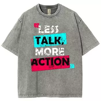 Меньше слов, больше дела Женская футболка с принтом букв, винтажная, с эффектом потертости, хлопковая, оверсайз, для пары, с коротким рукавом S