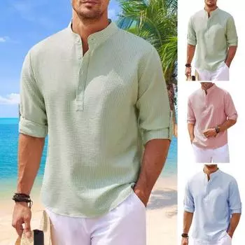 Мужская рубашка с длинным рукавом и воротником-стойкой, полуоднобортный свитер средней длины, однотонный, размер плюс M розовый