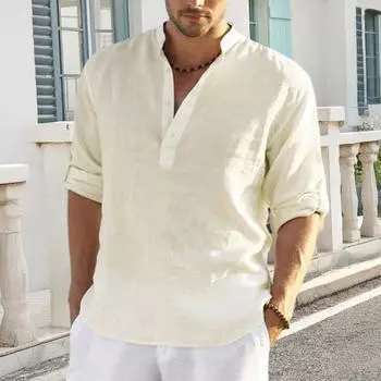 Men Shirt Stand Collar V-Neck Long Sleeve Pullover Tops Breathable Solid Color Casual Tops Daily Wear L хаки