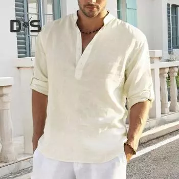 Men Shirt Stand Collar V-Neck Long Sleeve Pullover Tops Breathable Solid Color Casual Tops Daily Wear XXL светло-синий