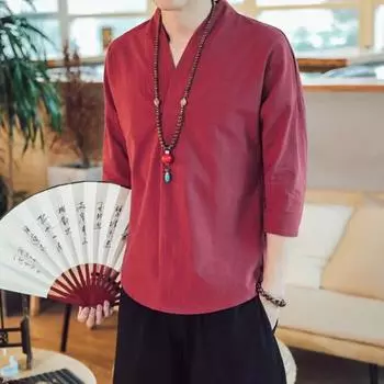 Мужская рубашка с рукавом три четверти и V-образным вырезом в стиле ретро в китайском стиле, тонкая, большого размера, свободная, костюм Тан, однотонная M белый