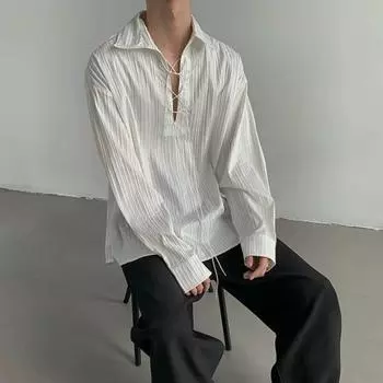 Men Shirt White Long Sleeve Lapel Lace-up Collar Pullover Tops Vertical Stripe Texture M белый